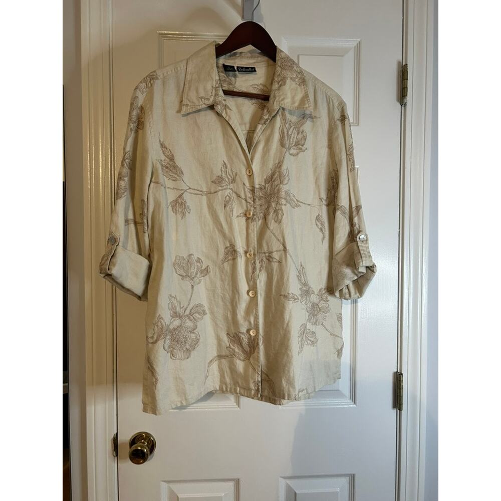 Rafaella 100% Linen Blouse Womens Size 14 Beige Floral Button Up Roll Tab Sleeve